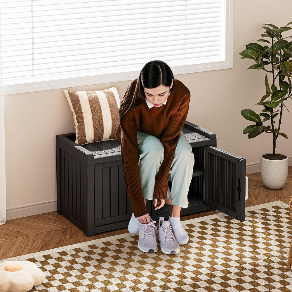Bifanuo Shoe Storage Cabinet, 2-Door Outdoor Storage Bench with Adjustable Sh...