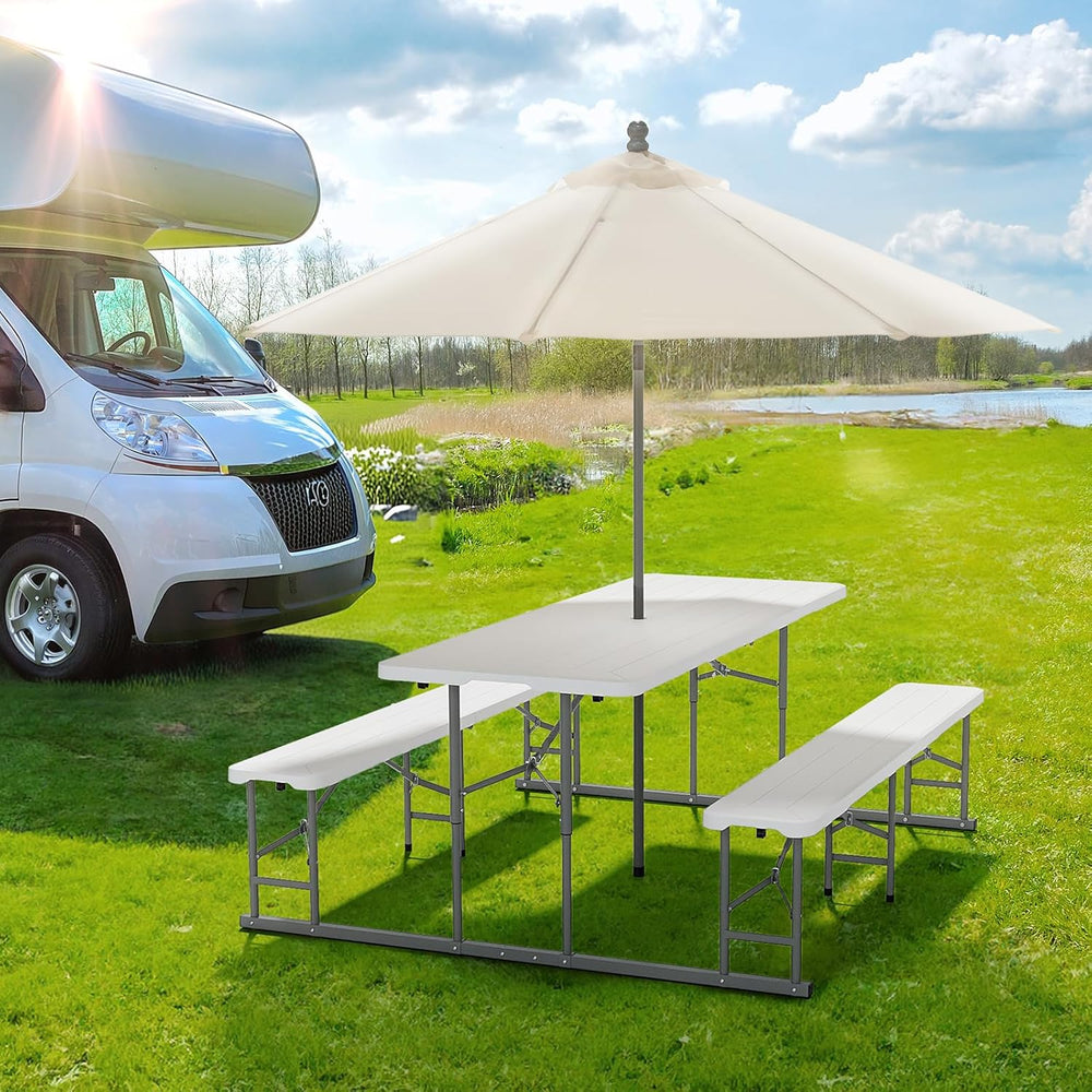 VINGLI Folding Picnic Table and Bench Set with Umbrella, Portable Outdoor Din...
