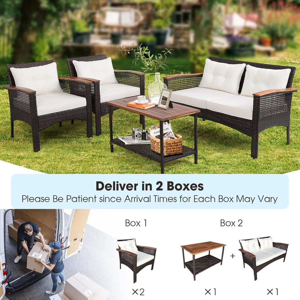 Tangkula 4-Piece Patio Furniture Set, Patiojoy Acacia Wood Outdoor PE Wicker ...