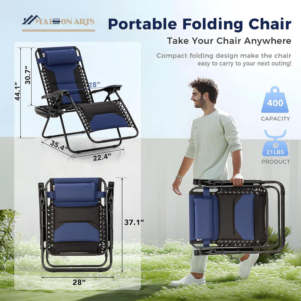 MAISON ARTS Foldable Zero Gravity Chair Set of 2, Cup Holder, 28" Seat B...