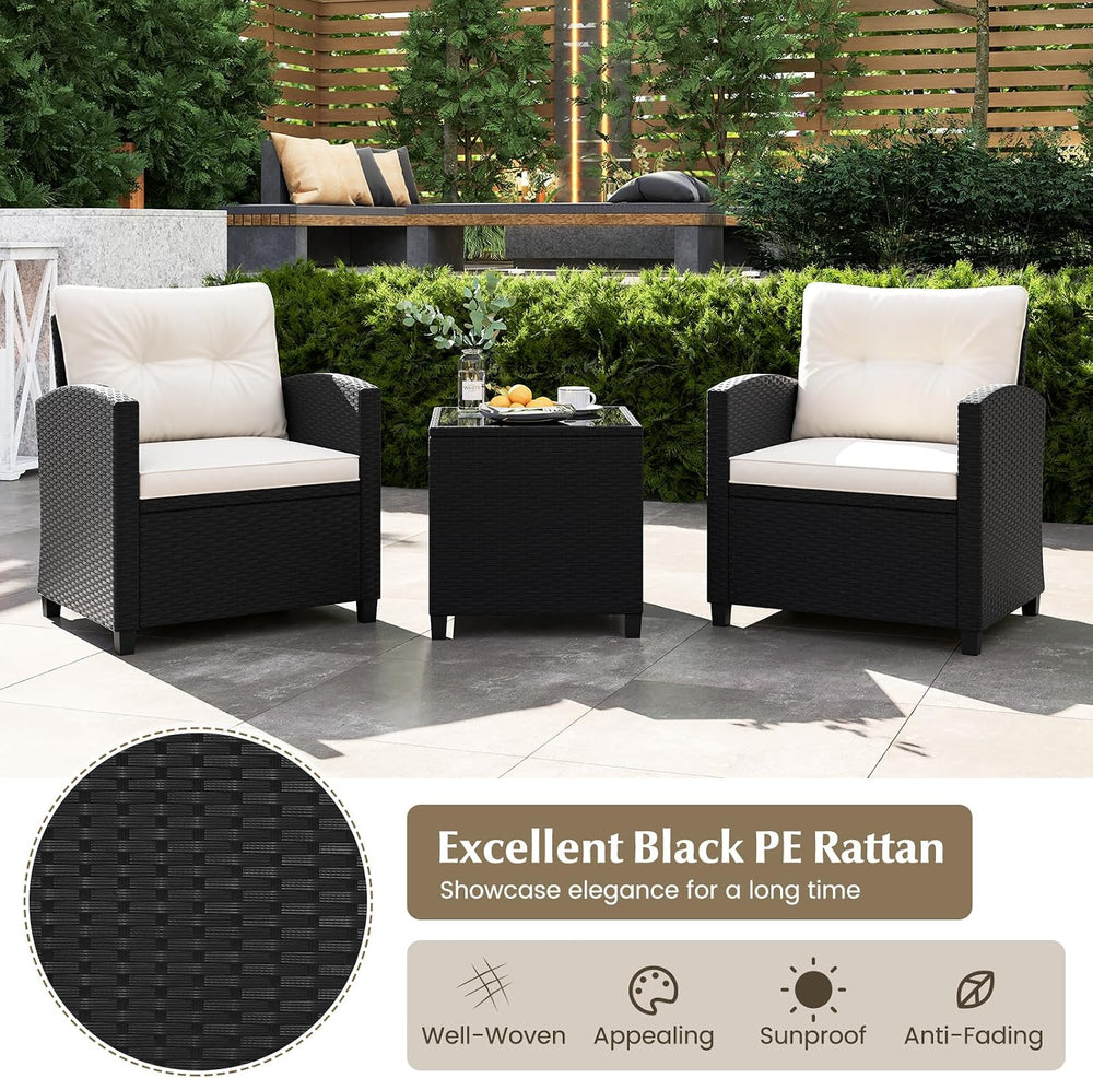 RELAX4LIFE 3-Piece Patio Furniture - Wicker Rattan Bistro Sofa Set w/Glass To...