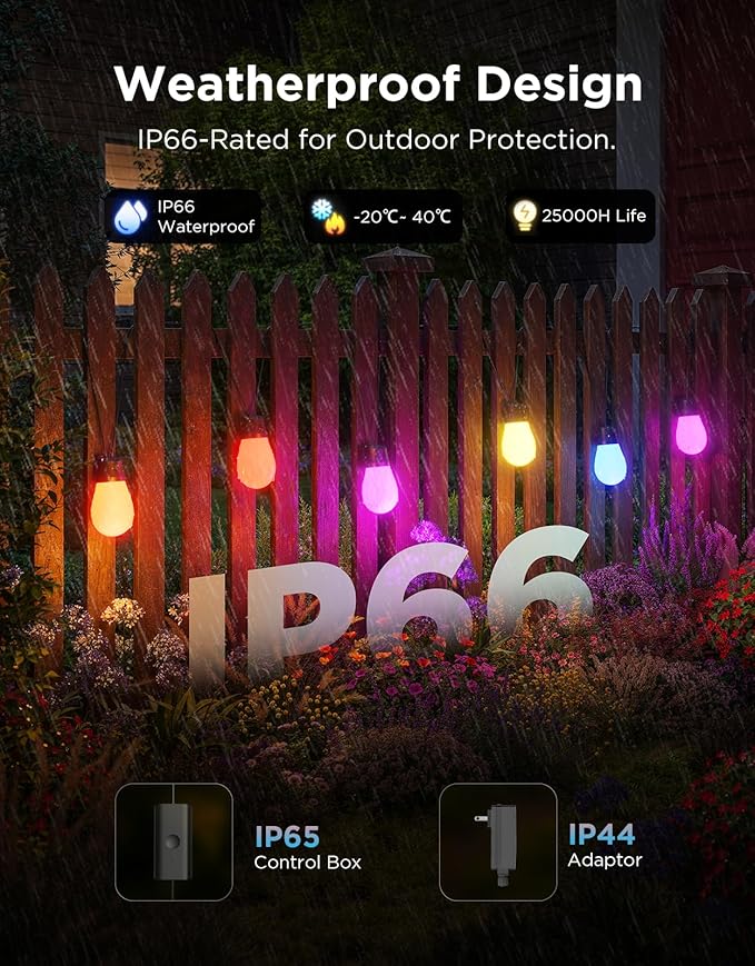 Govee S14 Bulb Outdoor String Lights 2, 144ft RGBIC Smart Warm White Outdoor ...