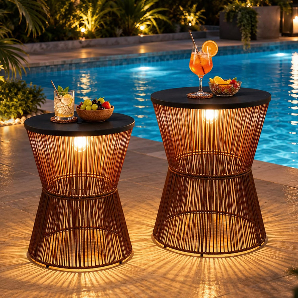 Farmhouse Solar Outdoor Side Table with Light, Poolside End Table Set of 2
