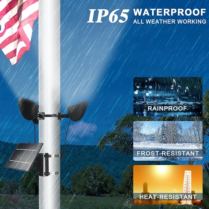 Solar Flag Pole Light 3 Super-Spotlights LEDs, Adjustable Metal Clamps Fits 2...
