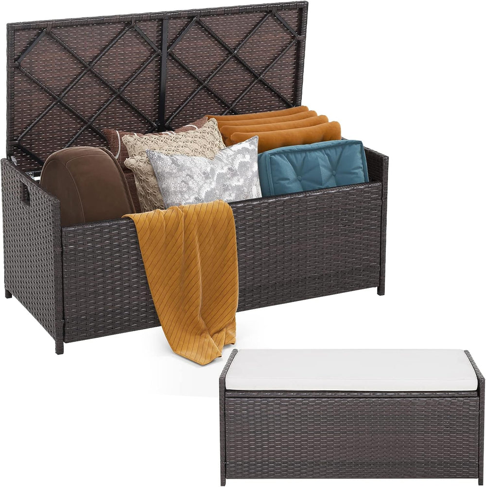 Tangkula 34 Gallon Outdoor Storage Bench with Seat Cushion, Patio Mix Brown W...