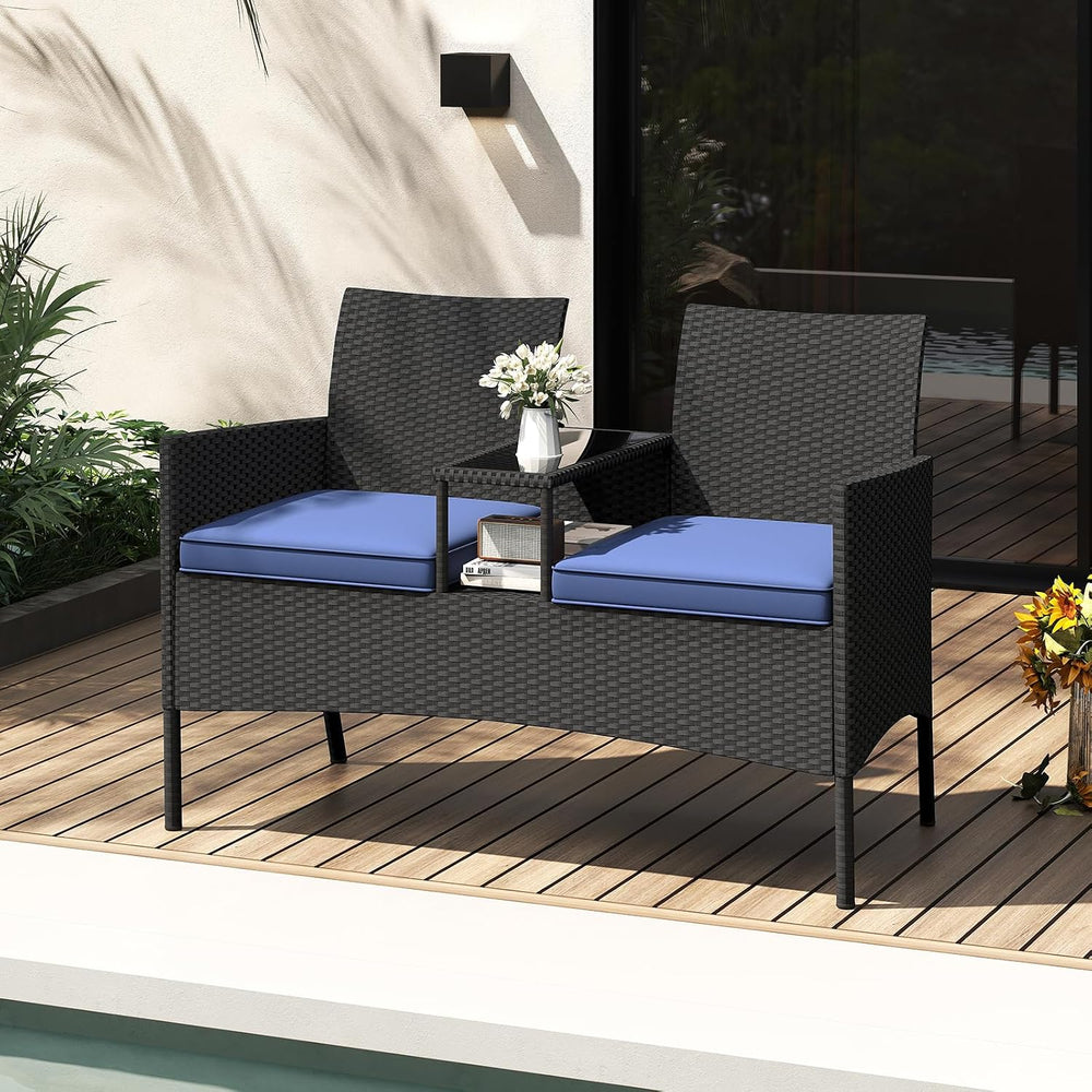 Tangkula Patio Loveseat with Built-in Table, Wicker 2-Seat Furniture with Sof...