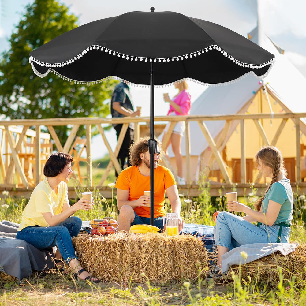 9' Patio Umbrella with Black Canopy and White Fringe Accents, Black Frame...