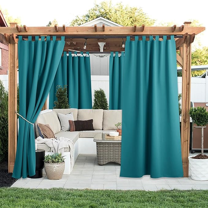 NICETOWN 2 Panels Peacock Teal Patio Curtainss Outdoor Waterproof with Self-A...