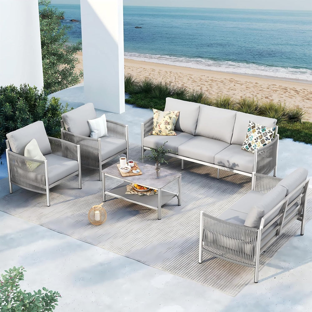 Aluminum Outdoor Patio Furniture Set with Dual-Layer Coffee Table, 5 Piece Mo...