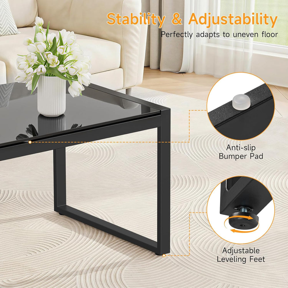 Rectangle Coffee Table with Tempered Glass Desktop, Black