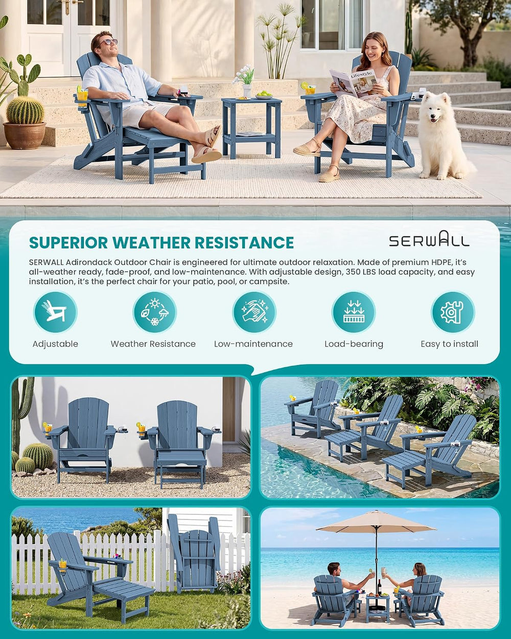 SERWALL HDPE Folding Adjustable Adirondack Chair with Footrest, Blue