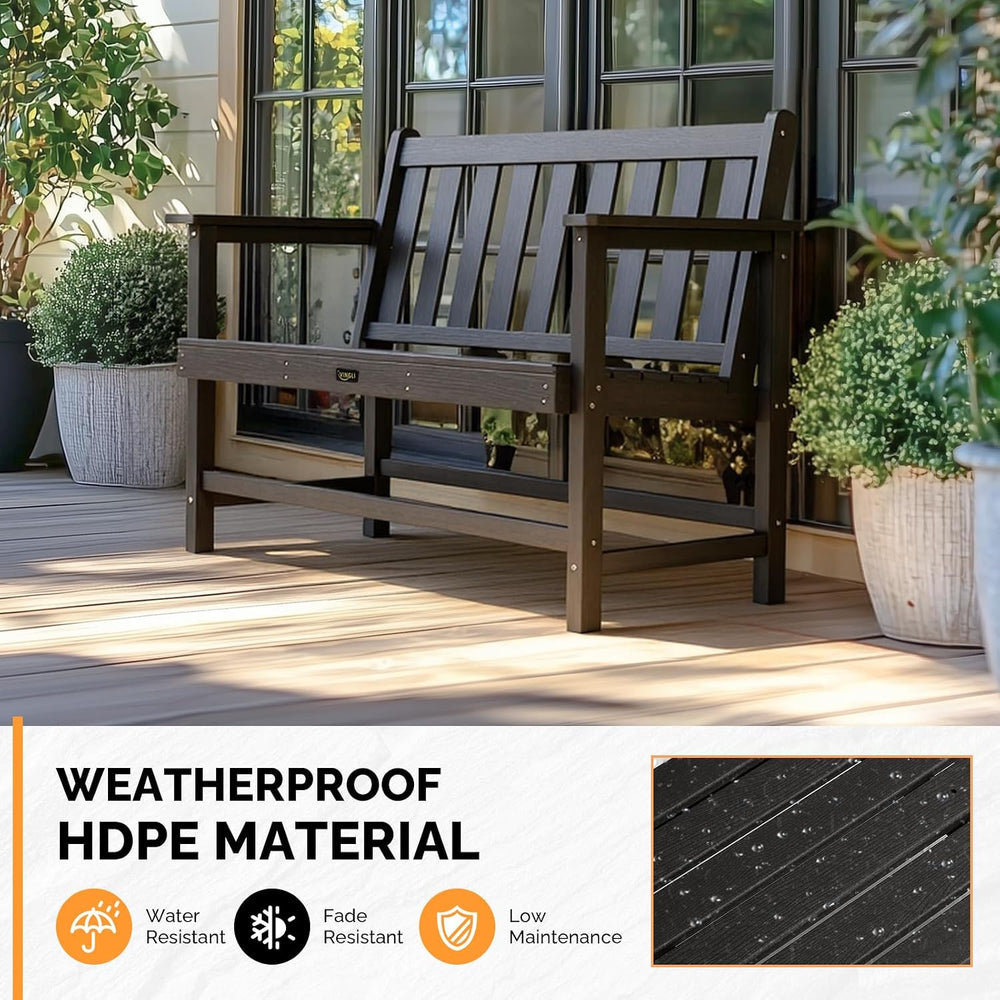 VINGLI 49in HDPE Outdoor Bench with Backrest and Armrests, 2-Person Weatherpr...