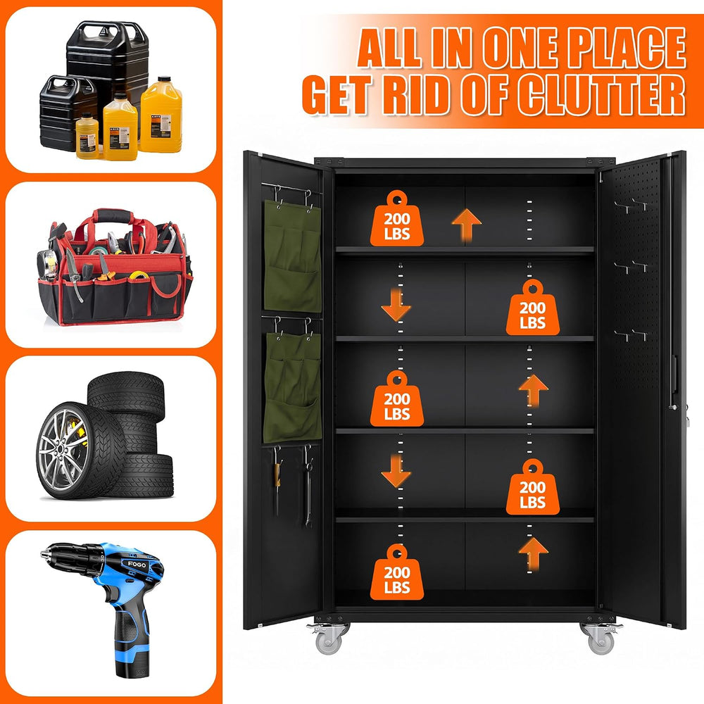 70.5" Extra Large Rolling Garage Cabinet, 20"D Metal Storage, Black