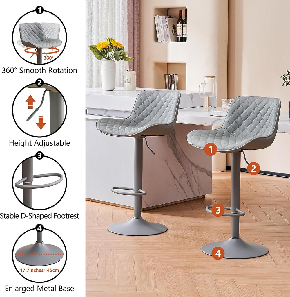 YOUTASTE All Grey Bar Stools Set of 2, Upholstered Counter Height Bar Stool, ...