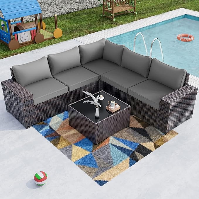 Kullavik 6PCS Outdoor Patio Furniture Set PE Wicker Rattan Sectional Sofa Pat...