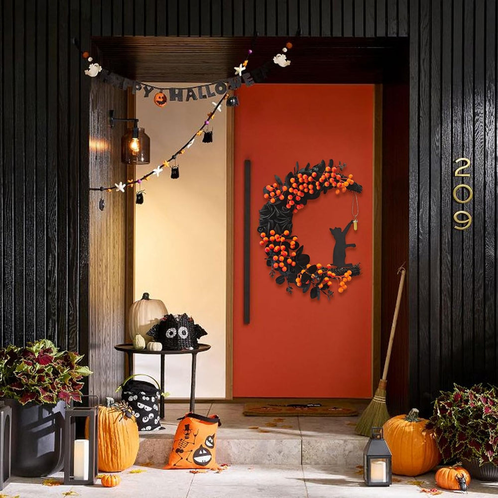 Halloween Decorations Black Cat Half-Moon Wreath
