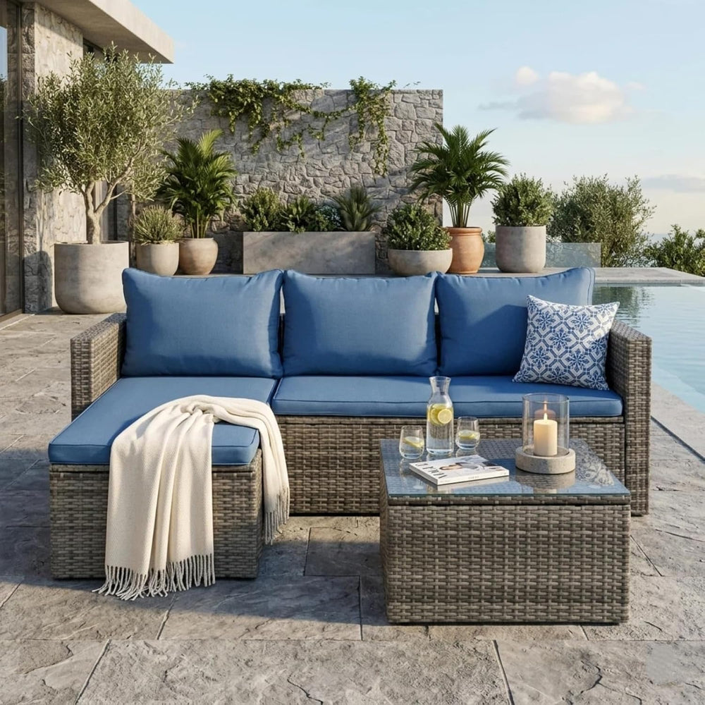 JAMFLY 4-Piece PE Wicker Patio Set with 43" Propane Fire Pit Table, Blue