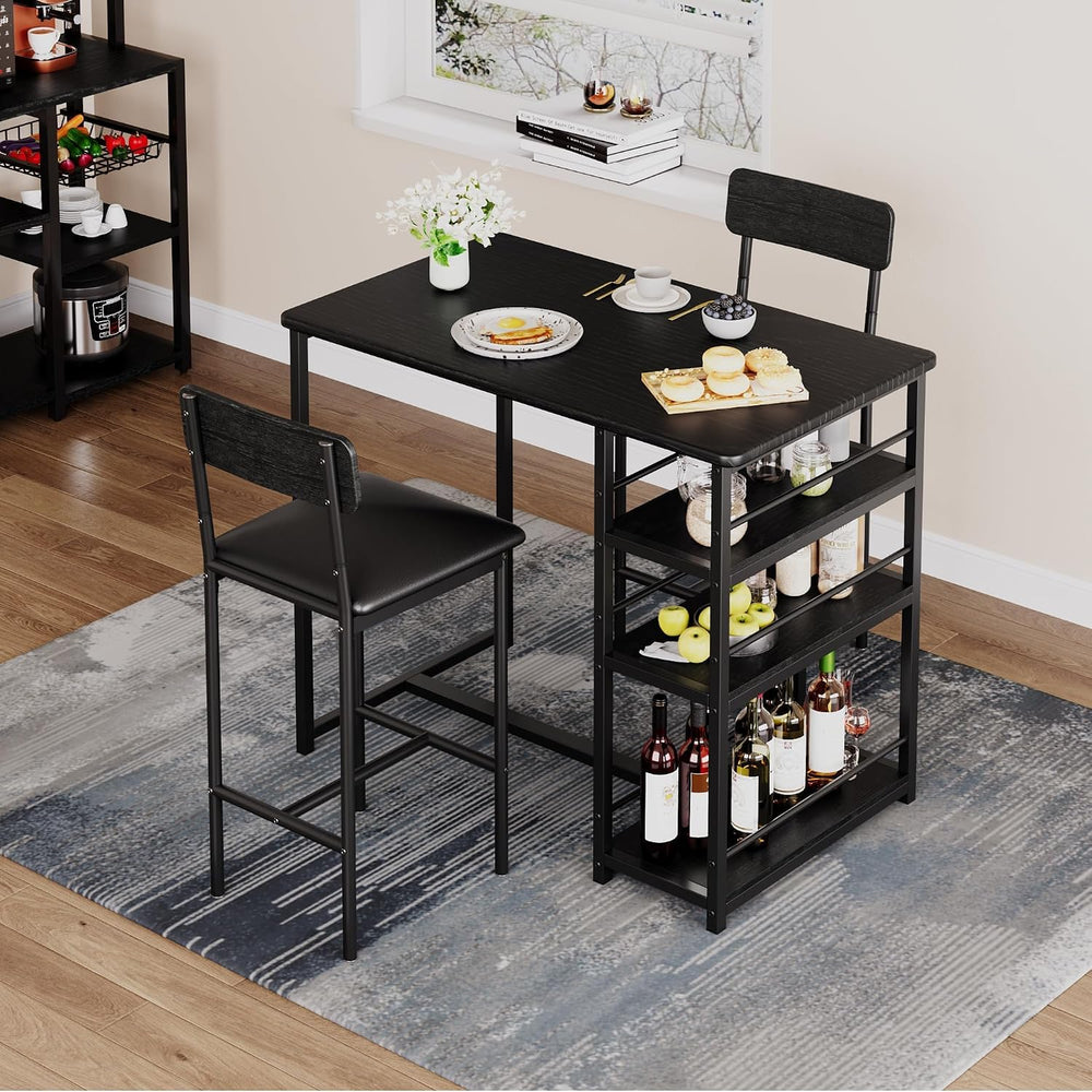 Bar Table and Chair Set with 3 Shelves, 2 Upholstered Stools, Black