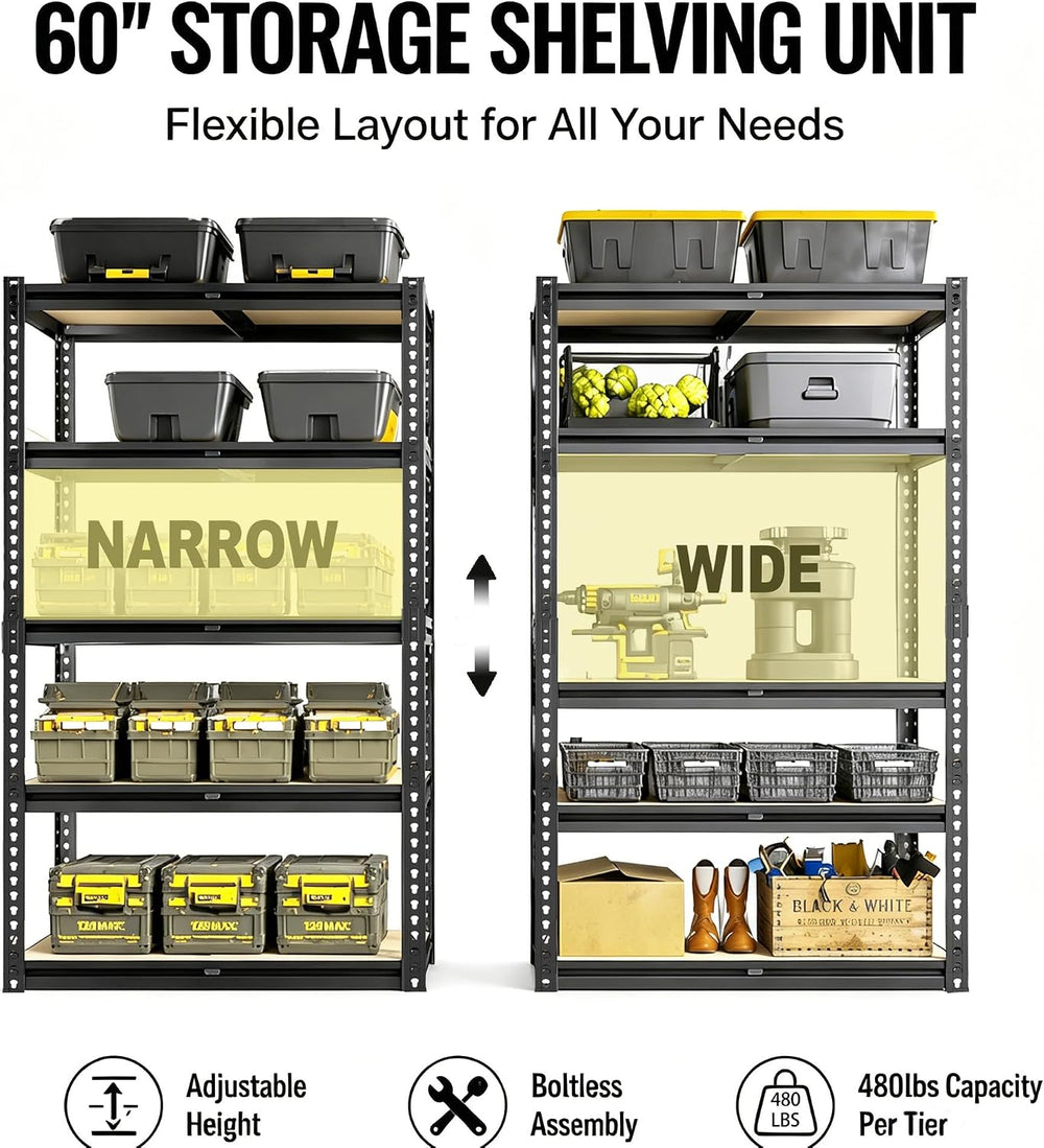 60" H Heavy Duty Storage Shelves, 2400LBS Capacity Metal Shelving Unit, ...