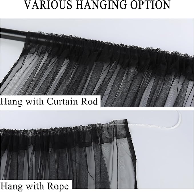 10 x 10 Outdoor Black Tulle Backdrop Curtains Waterproof Voile Sheer Screen B...