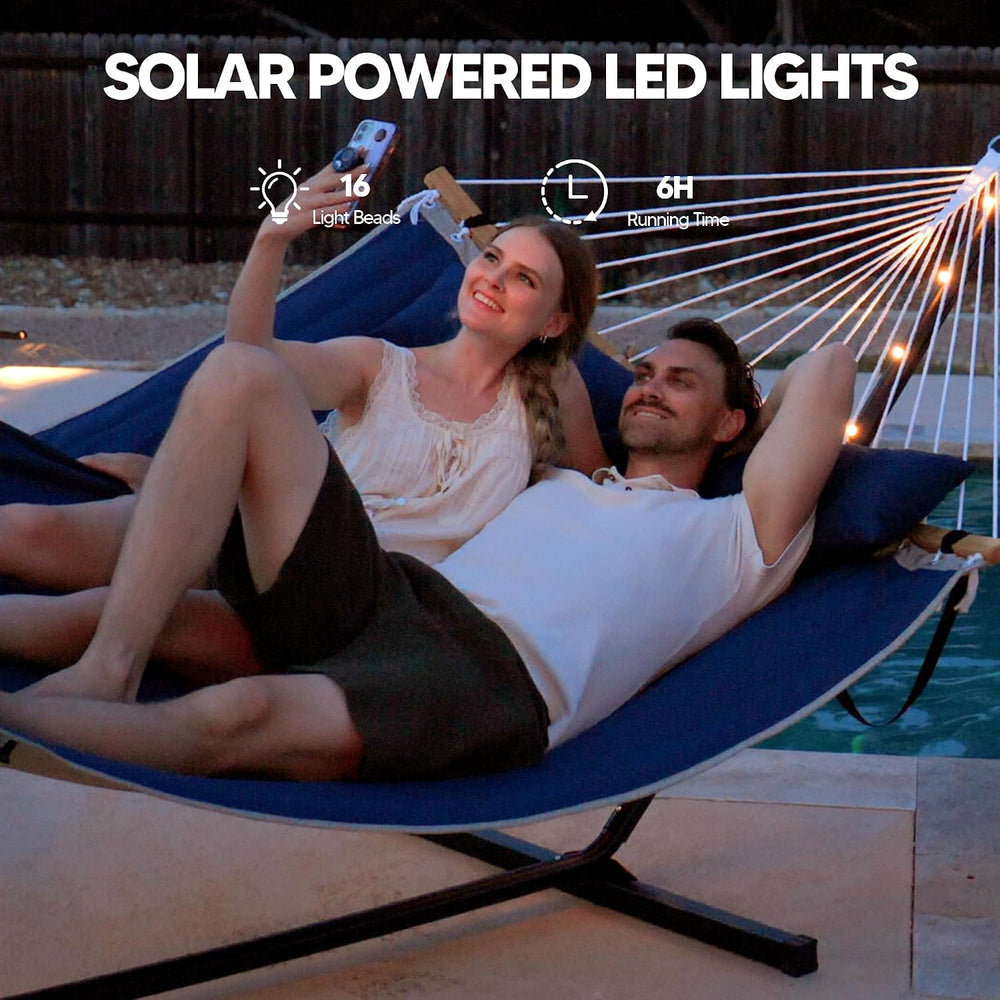 Outdoor Hammock with 12 ft Stand, Solar Powered Lights, Dark Blue