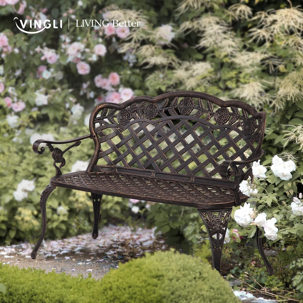 VINGLI 42.5" Patio Garden Bench Outdoor Metal Rose Loveseat, Cast Iron C...