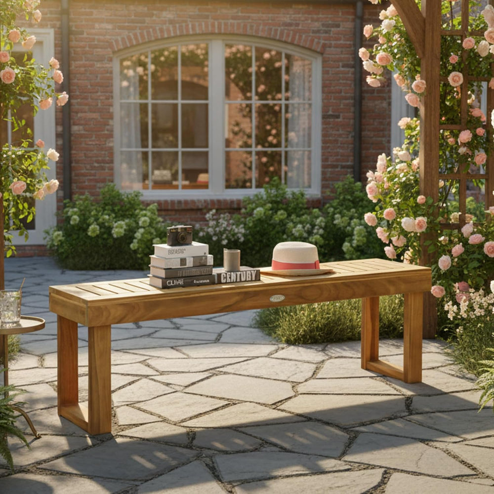 Tangkula 52" Acacia Wood Outdoor Bench, Wood Patio Dining Bench with Sla...