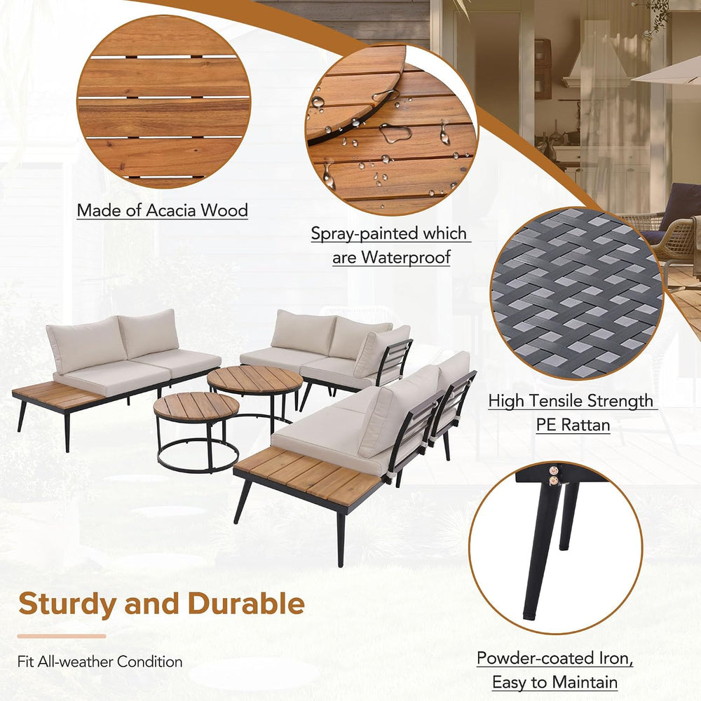 Modern Outdoor Sectional Sofa Set with Round Nesting Coffee Tables (Beige)