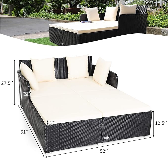COSTWAY Outdoor Patio Rattan Daybed, Sponge Cushioned Loveseat Sofa with 4 Pi...