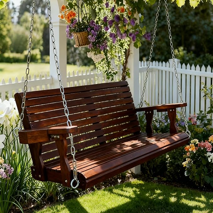 Wooden Porch Swing 2-Seater, High Backrest and Deep Seat, Bench Swing with Cu...