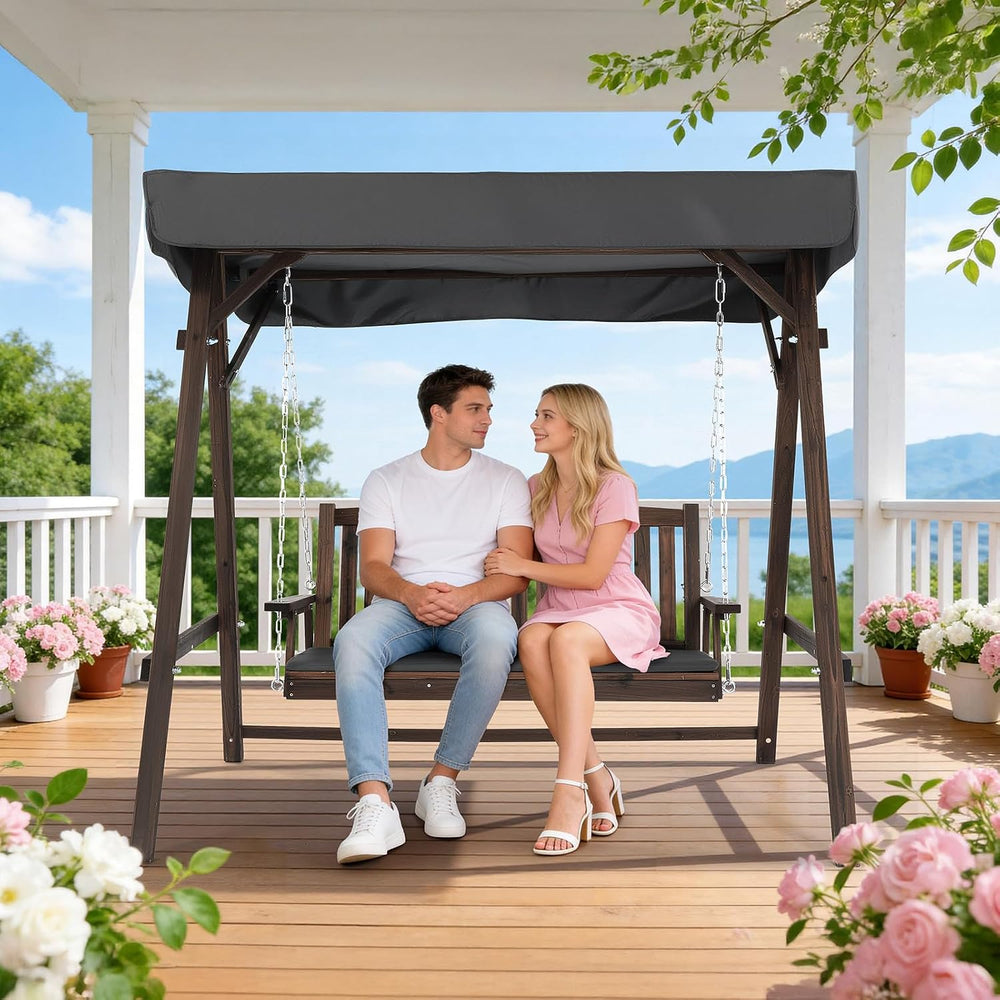 VINGLI 4FT Heavy Duty Wooden Porch Swing with Stand and Canopy, Rustic