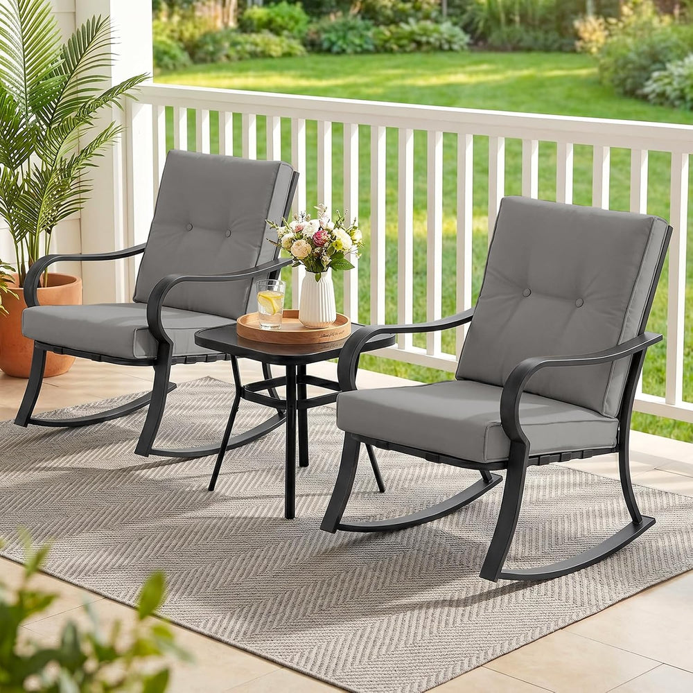 3 PCS Outdoor Rocking Chair Set for Patio, Outdoor Rocking Chair with Cushion...