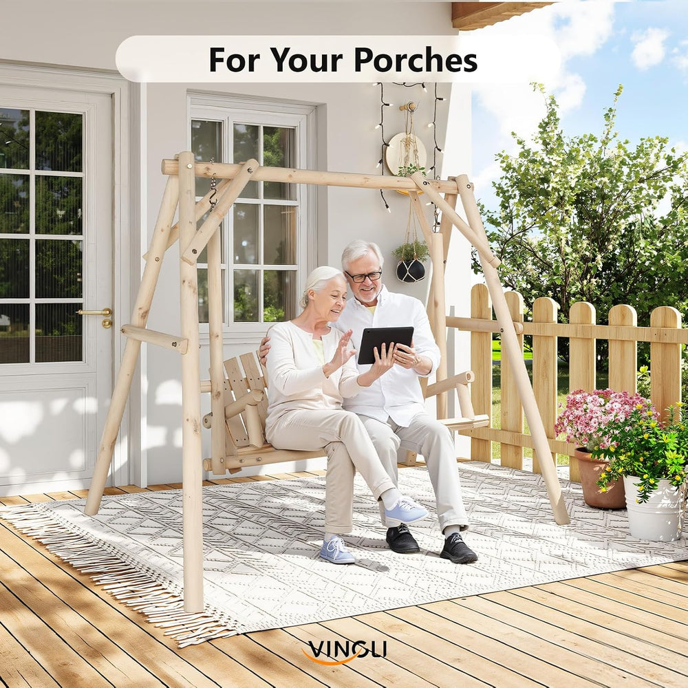 VINGLI 880 LBS Wooden Porch Swing with A-Frame Stand, Natural Outdoor Swing