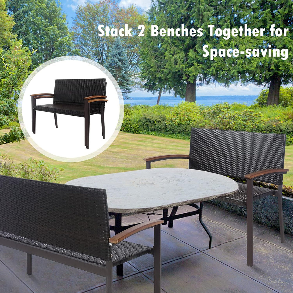 Tangkula Outdoor Stackable Bench, All-Weather PE Wicker Loveseat with Acacia ...
