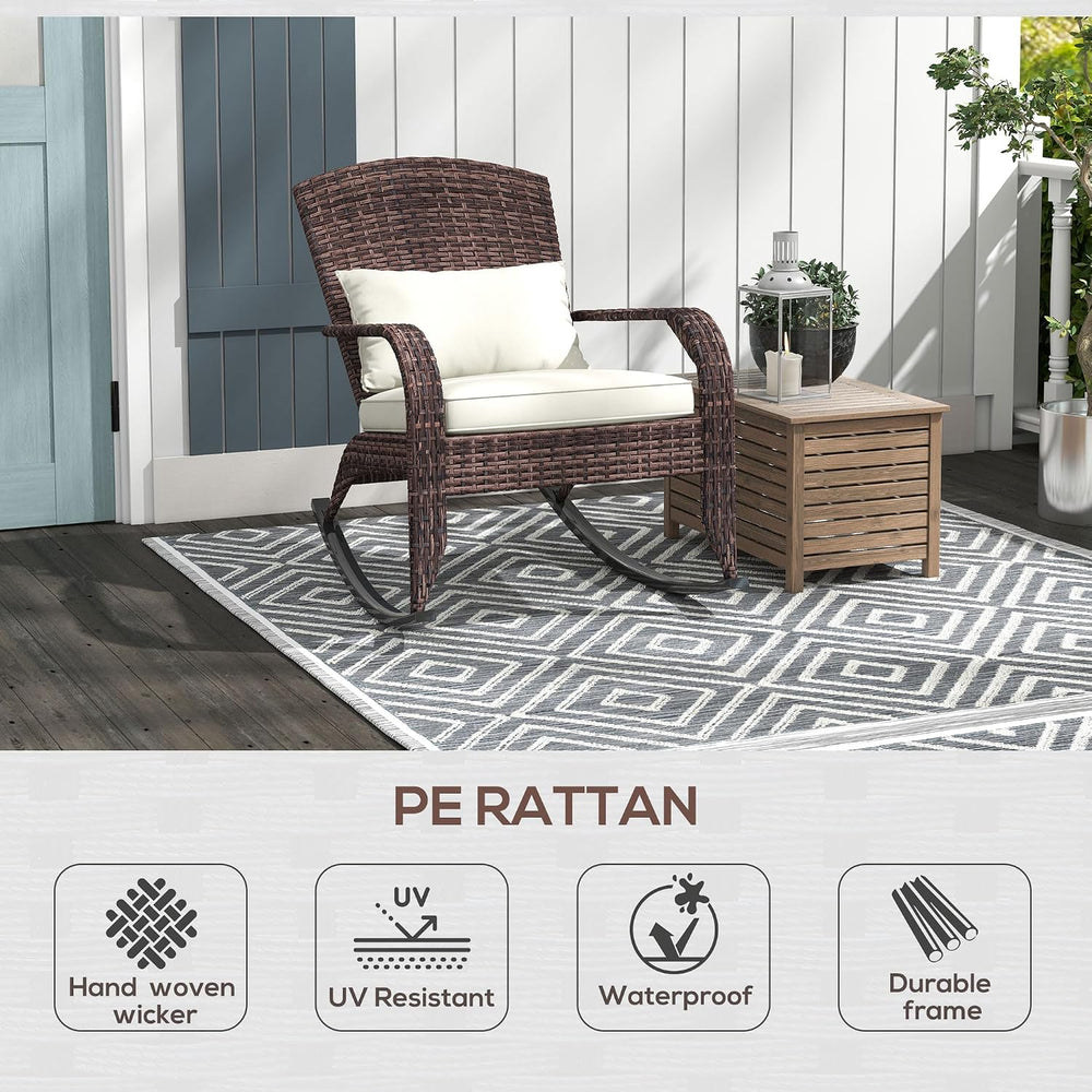 Outsunny Outdoor Wicker Adirondack Rocking Chair, Cream White & Mixed Brown