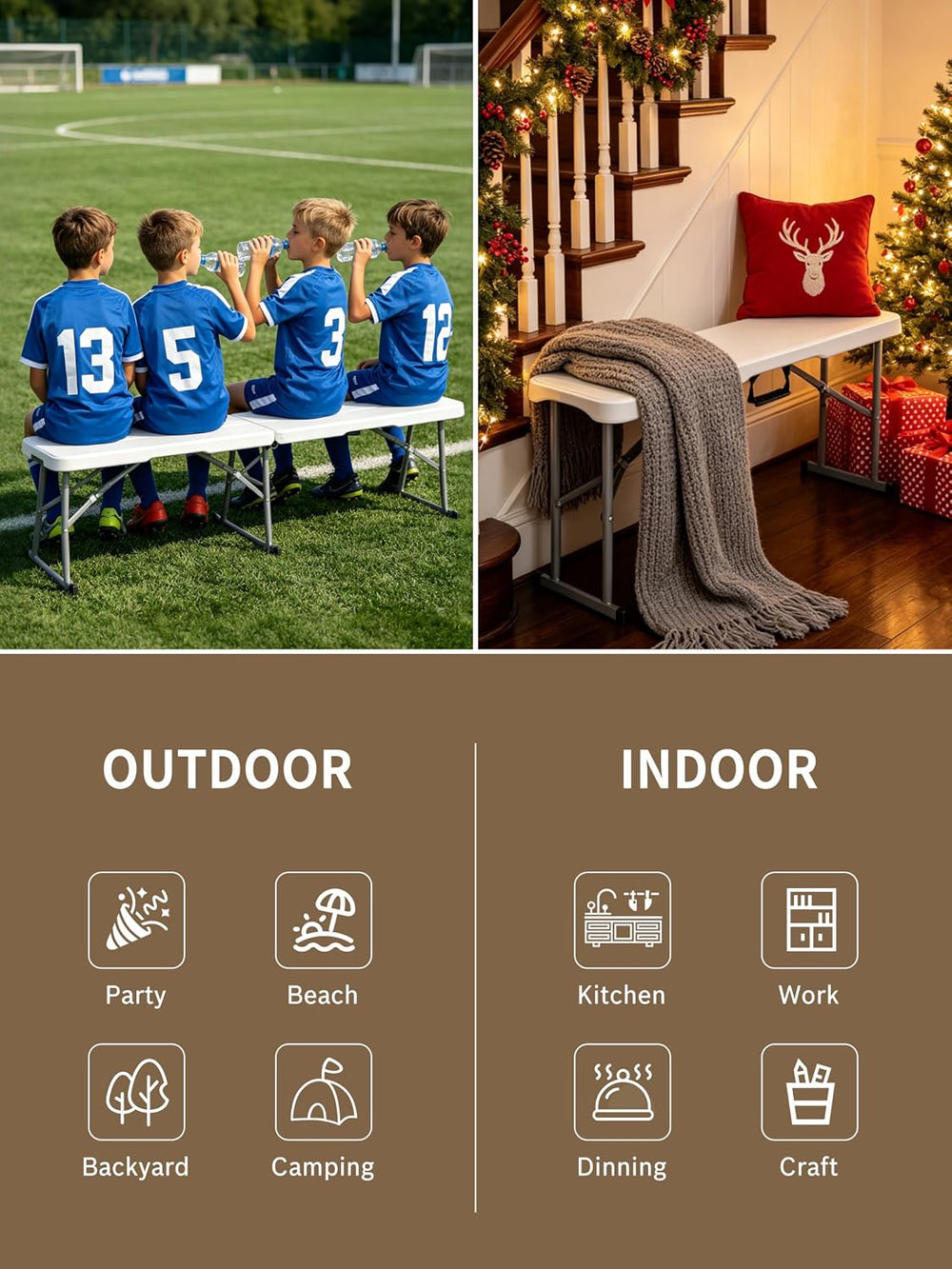 6FT Folding Bench, Fold‑in‑Half with Carrying Handle, 2 Pack