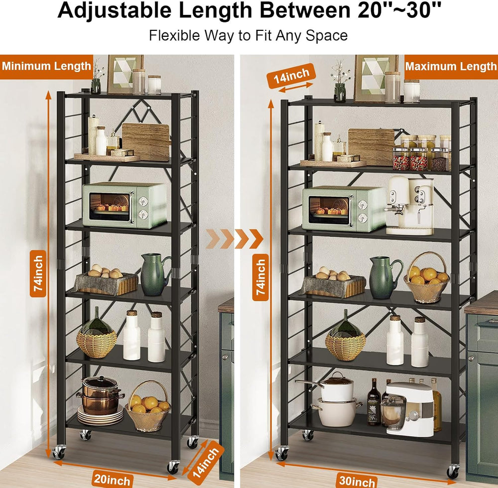 Himix 6-Tier Foldable Storage Shelves with Wheels Adjustable Kitchen Black