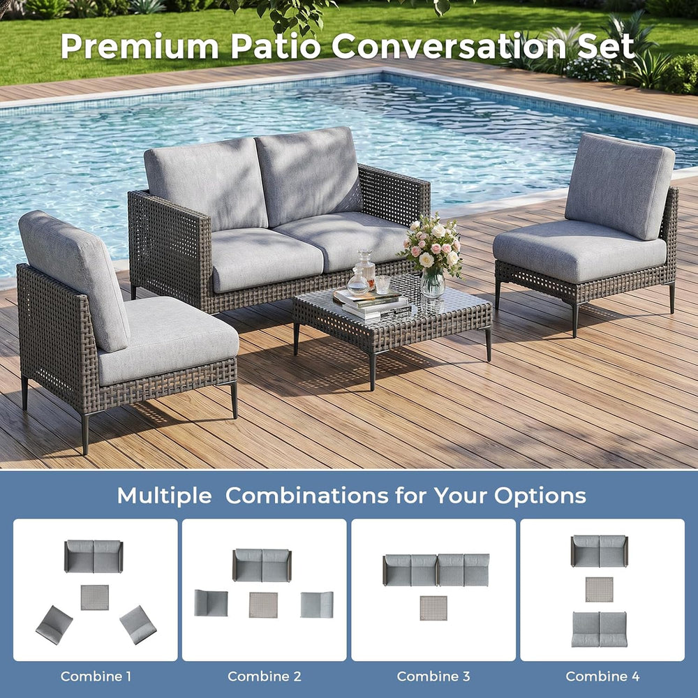 Outdoor Patio Sofa Conversation Set–Rattan 4 Seats Comfortable Couch