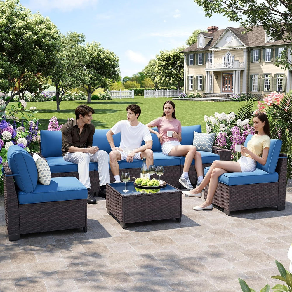 7-Piece Outdoor Patio Furniture Set, 6-Seat All-Weather PE Rattan Wicker Pati...