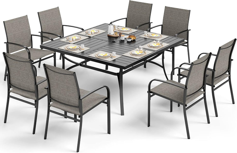 SUNSHINE VALLEY 9pc Patio Dining Set, 57.5" Square Table & 8 Brown C...