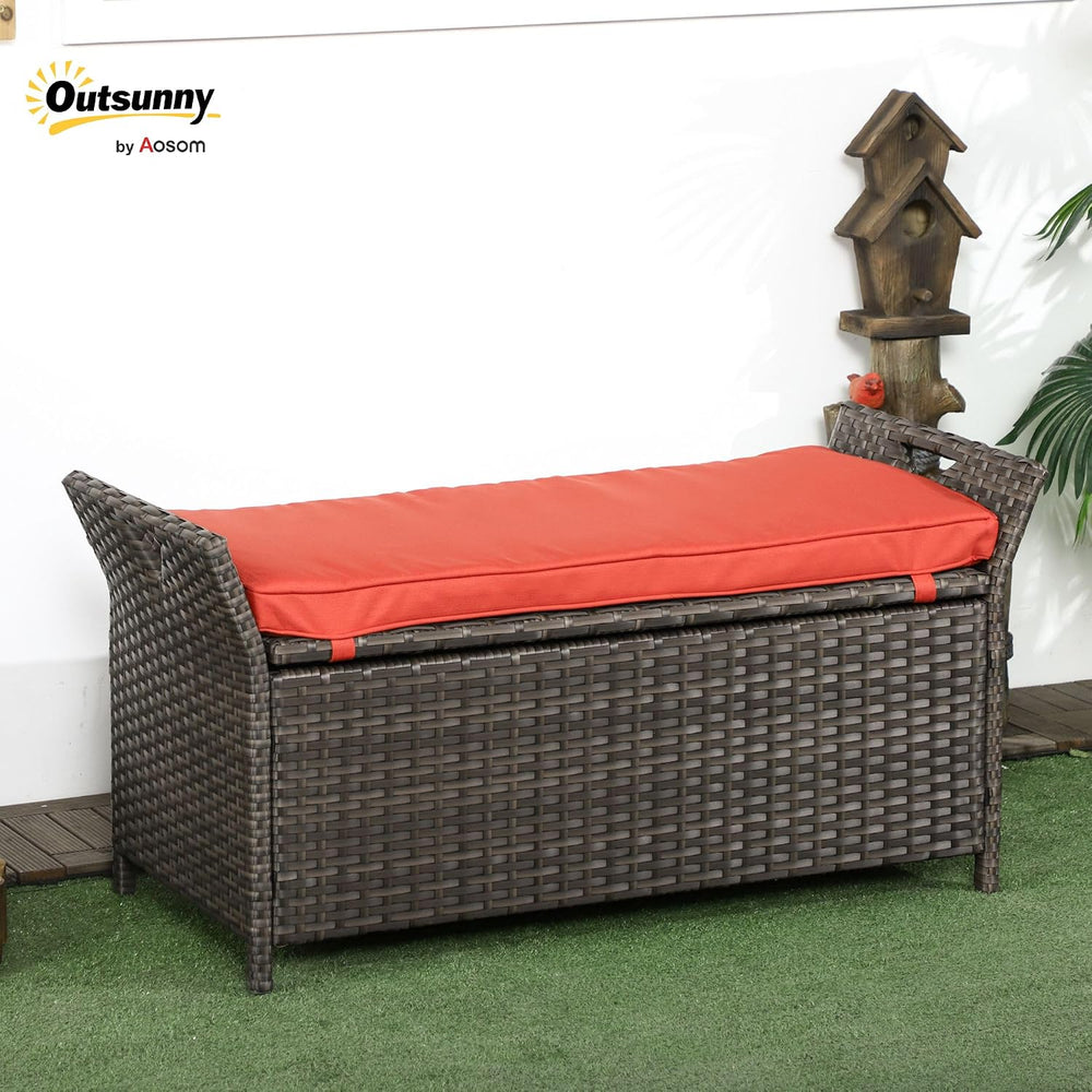 Outsunny 29 Gallon Patio Wicker Storage Bench Outdoor PE Rattan Red