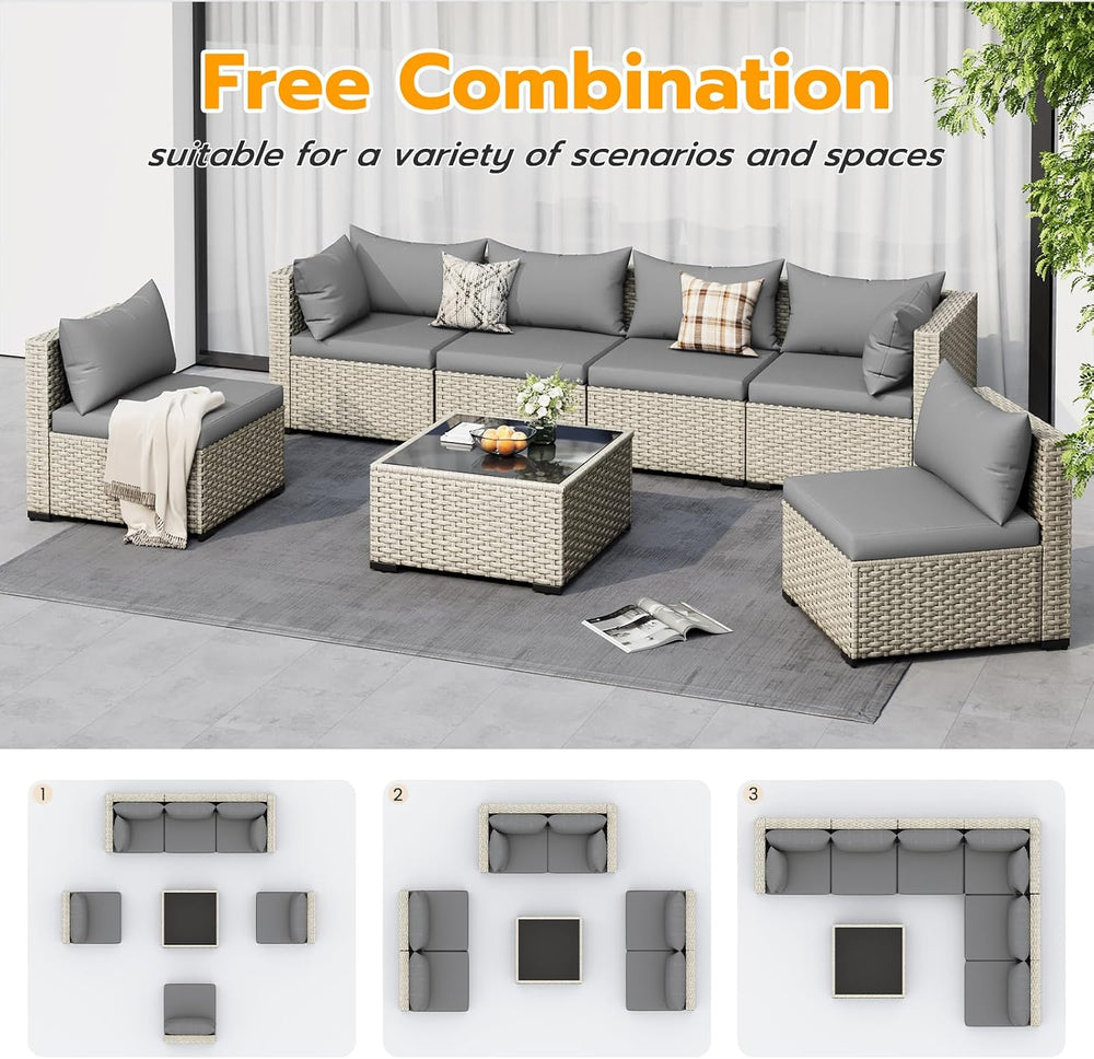 UDPATIO Outdoor Patio Furniture Set 7 Pcs Wicker Sectional Sofa Grey