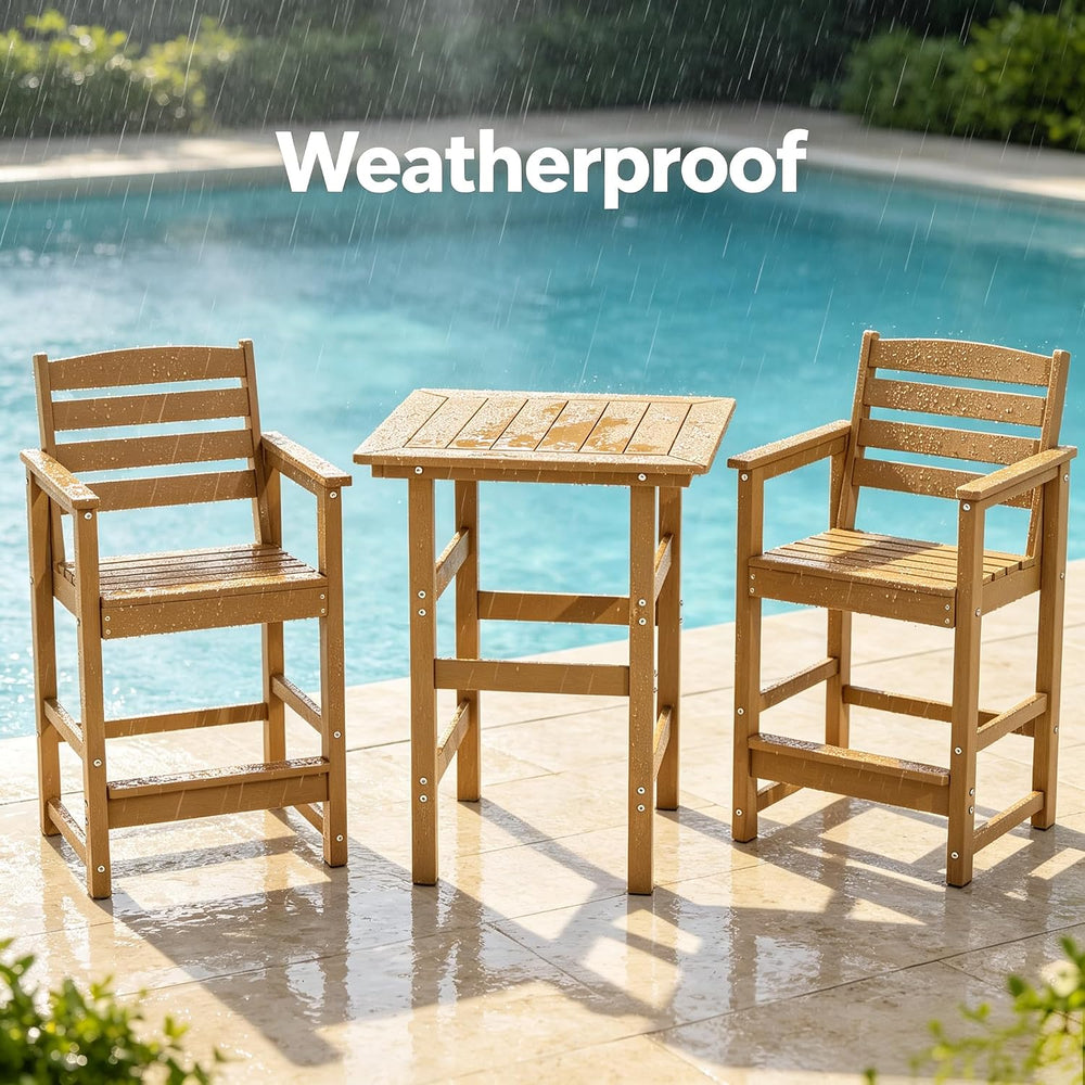 3-Piece Outdoor Bistro Bar Set, HDPE Bar Height Table & Chairs, Teak
