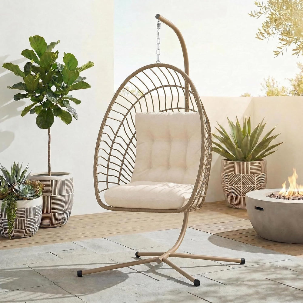Kingdura Hanging Egg Chair with Stand Indoor Outdoor, Foldable Rattan Wicker ...
