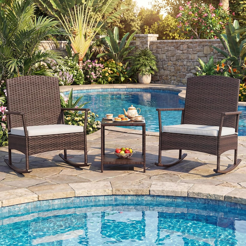 Tangkula 3 Pieces Rocking Wicker Bistro Set, Outdoor Front Porch Rocker Chair...