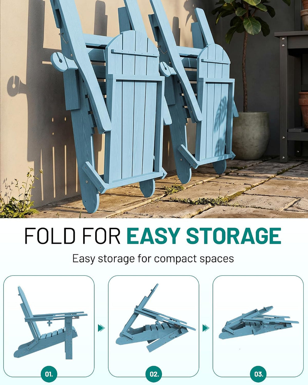 PLUUV Folding Adirondack Rocking Chair with Retractable Ottoman, Aruba