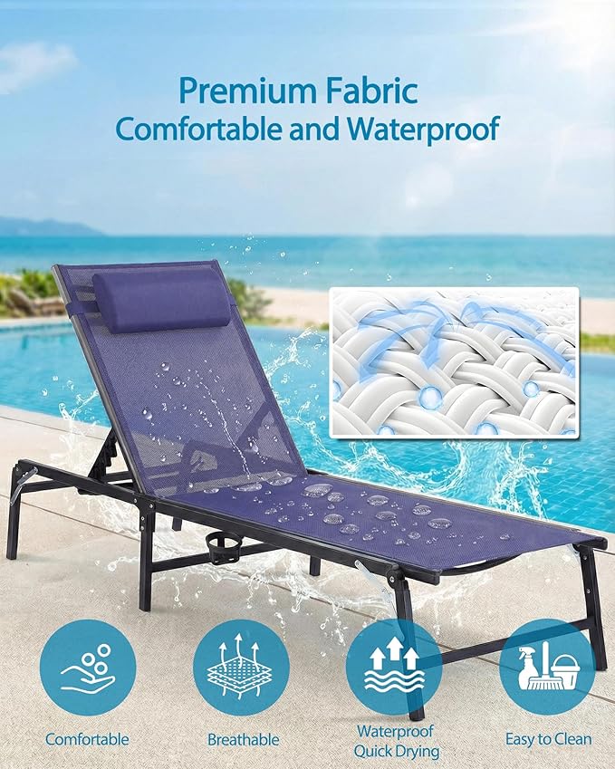 2 Pack Foldable Chaise Lounge Chair with Cup Holder, Assemble-Free Outdoor Lo...