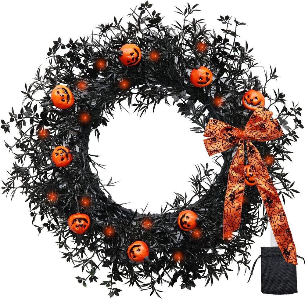 20 Inch Pumpkin Halloween Wreath with 30 Orange LEDs & Spiderweb Bow