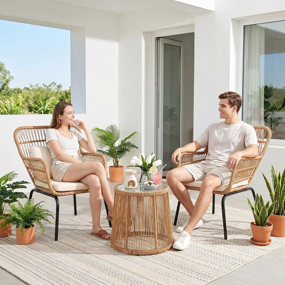3 Piece Outdoor Wicker Furniture Bistro Set, Rattan Chairs Conversation Sets ...