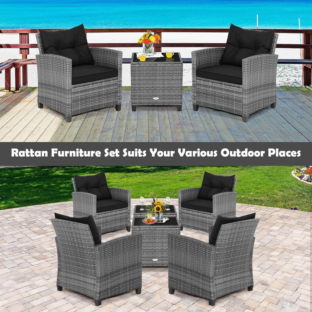 Tangkula 3 Pieces Patio Furniture Set, Outdoor PE Rattan Conversation Chair S...